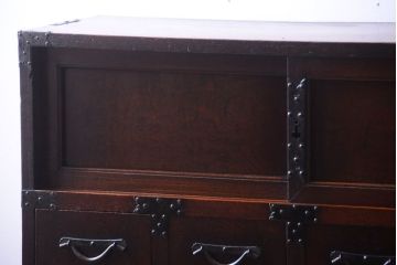 アンティーク家具　古民具・骨董　明治　上手物!古金具付きの三方欅材帳場箪笥