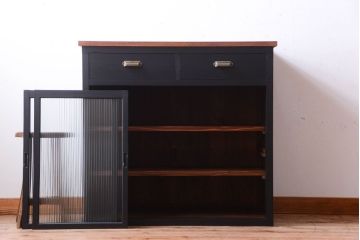 アンティーク家具　アンティークペイント　モールガラス入り!引き出し付きのカウンター収納棚(1)