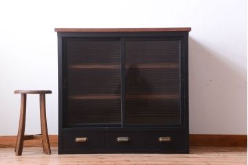 アンティーク家具　アンティークペイント　モールガラス入り!引き出し付きのカウンター収納棚(2)