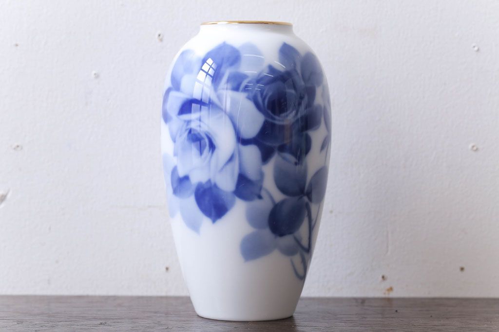 アンティーク雑貨　中古　大倉陶園(おおくらとうえん)　ブルーローズ　15cm　花器