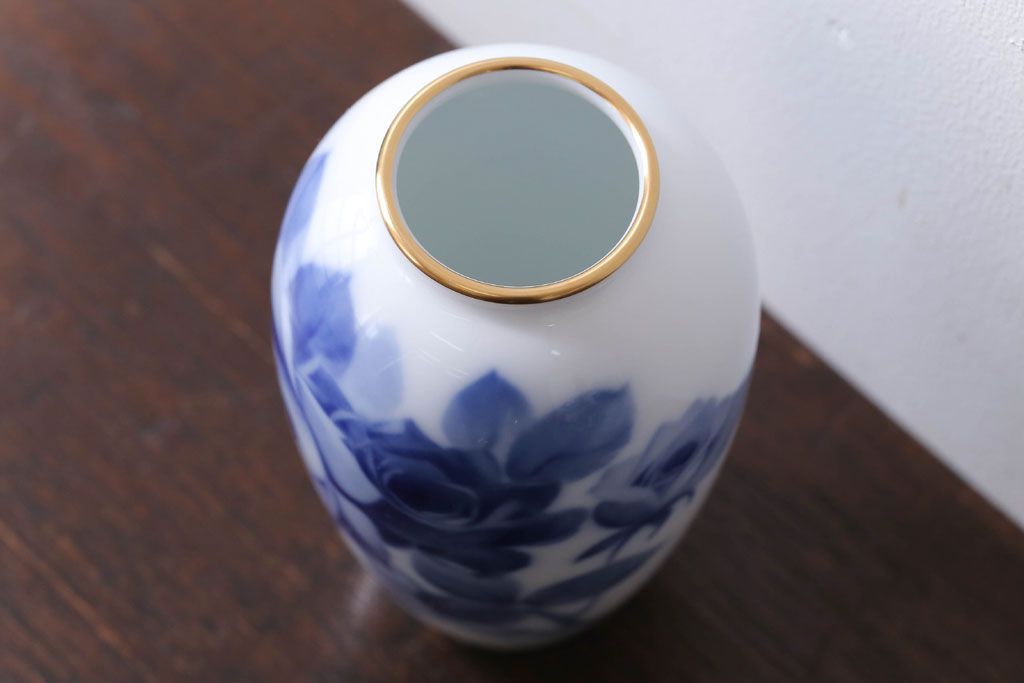 アンティーク雑貨　中古　大倉陶園(おおくらとうえん)　ブルーローズ　15cm　花器