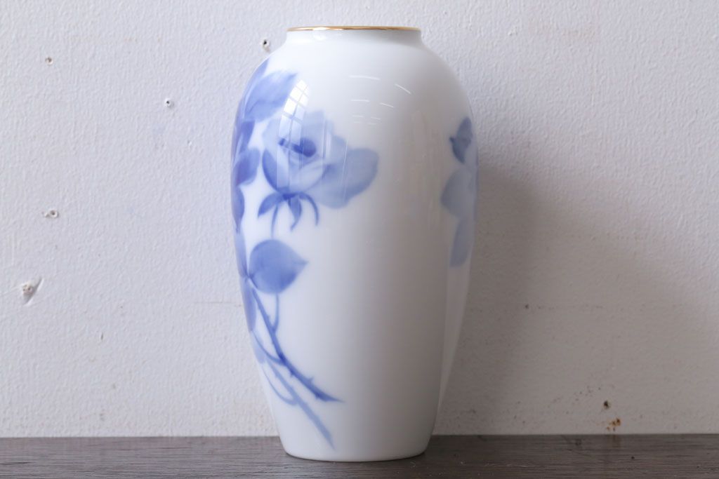 アンティーク雑貨　中古　大倉陶園(おおくらとうえん)　ブルーローズ　15cm　花器