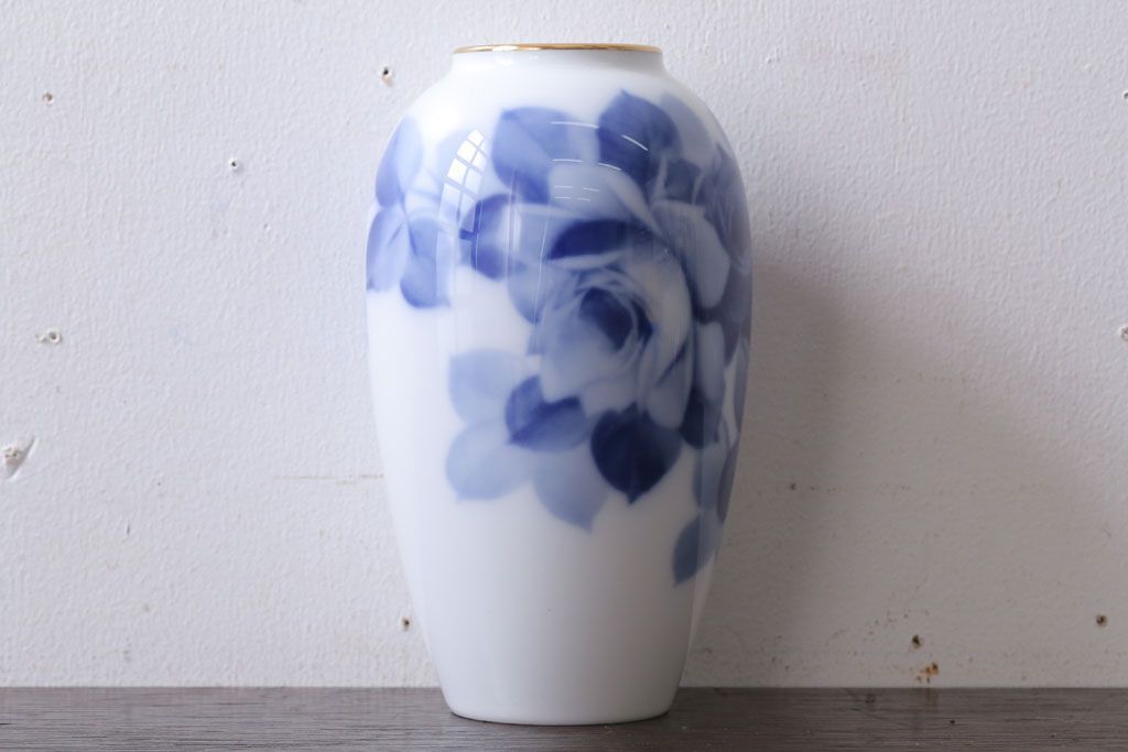 アンティーク雑貨　中古　大倉陶園(おおくらとうえん)　ブルーローズ　15cm　花器