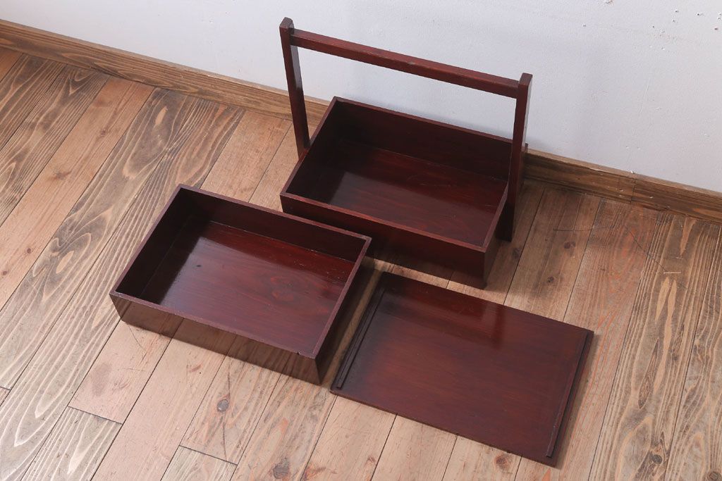 アンティーク雑貨　古民具・骨董　明治　漆塗りの古い岡持ち(1)