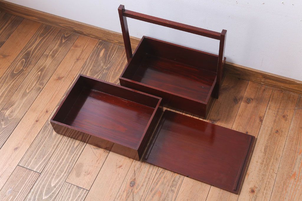 アンティーク雑貨　古民具・骨董　明治　漆塗りの古い岡持ち(2)