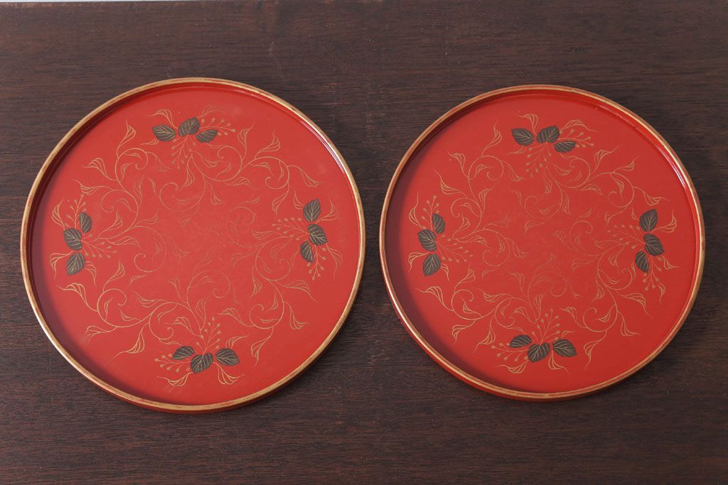 アンティーク雑貨　和製アンティーク　昭和初期　輪島朱塗　木製丸盆　2枚セット(1)