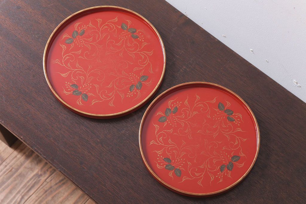 アンティーク雑貨　和製アンティーク　昭和初期　輪島朱塗　木製丸盆　2枚セット(1)