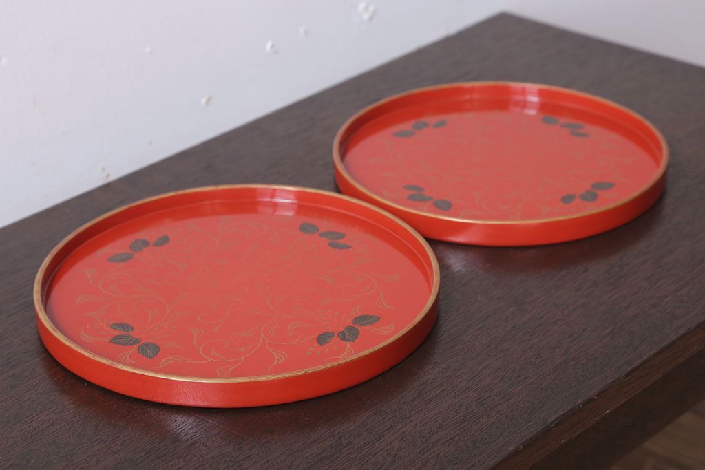 アンティーク雑貨　和製アンティーク　昭和初期　輪島朱塗　木製丸盆　2枚セット(1)