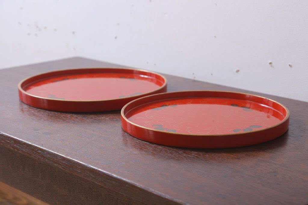 アンティーク雑貨　和製アンティーク　昭和初期　輪島朱塗　木製丸盆　2枚セット(1)
