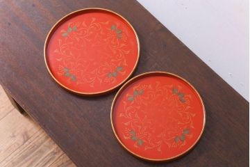 アンティーク雑貨　和製アンティーク　昭和初期　輪島朱塗　木製丸盆　2枚セット(2)