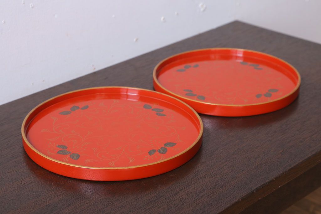アンティーク雑貨　和製アンティーク　昭和初期　輪島朱塗　木製丸盆　2枚セット(2)