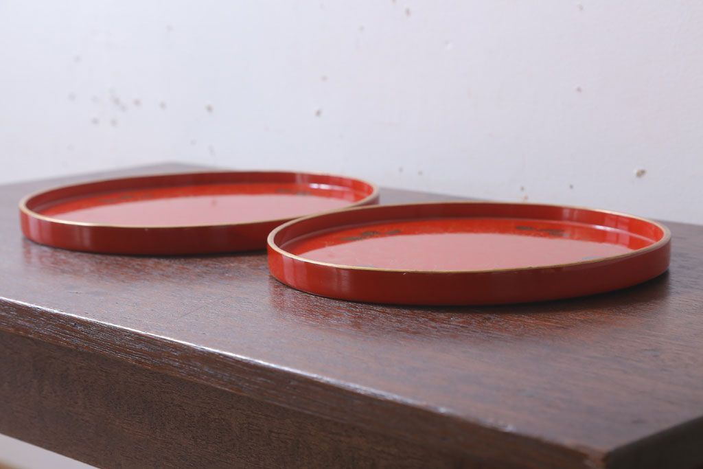 アンティーク雑貨　和製アンティーク　昭和初期　輪島朱塗　木製丸盆　2枚セット(2)