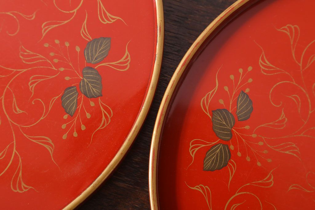 アンティーク雑貨　和製アンティーク　昭和初期　輪島朱塗　木製丸盆　2枚セット(2)