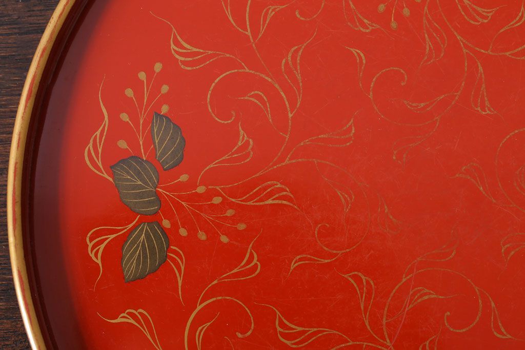 アンティーク雑貨　和製アンティーク　昭和初期　輪島朱塗　木製丸盆　2枚セット(2)