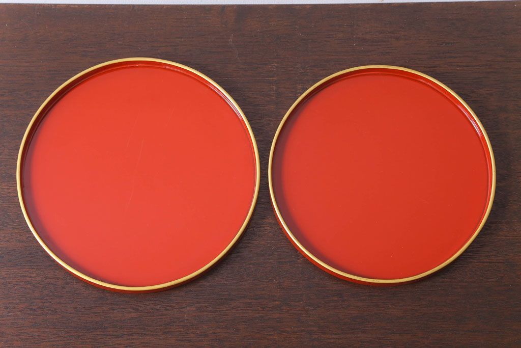 アンティーク雑貨　和製アンティーク　昭和初期　朱塗木製丸盆　2枚セット
