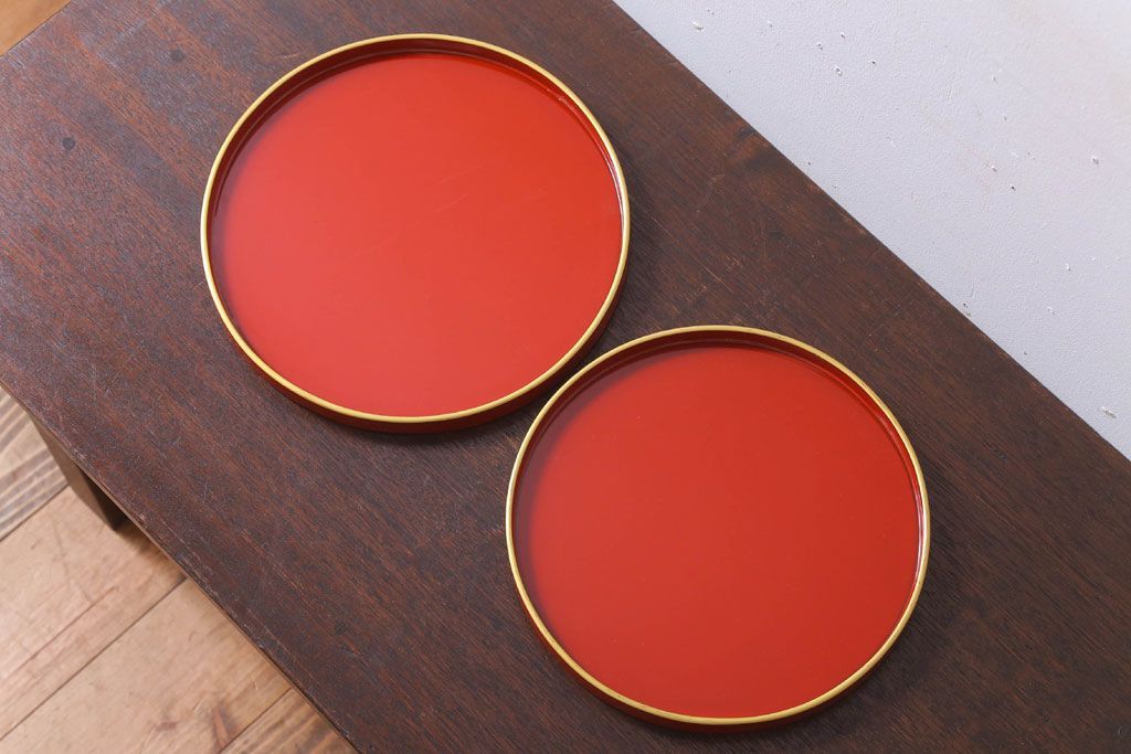 アンティーク雑貨　和製アンティーク　昭和初期　朱塗木製丸盆　2枚セット