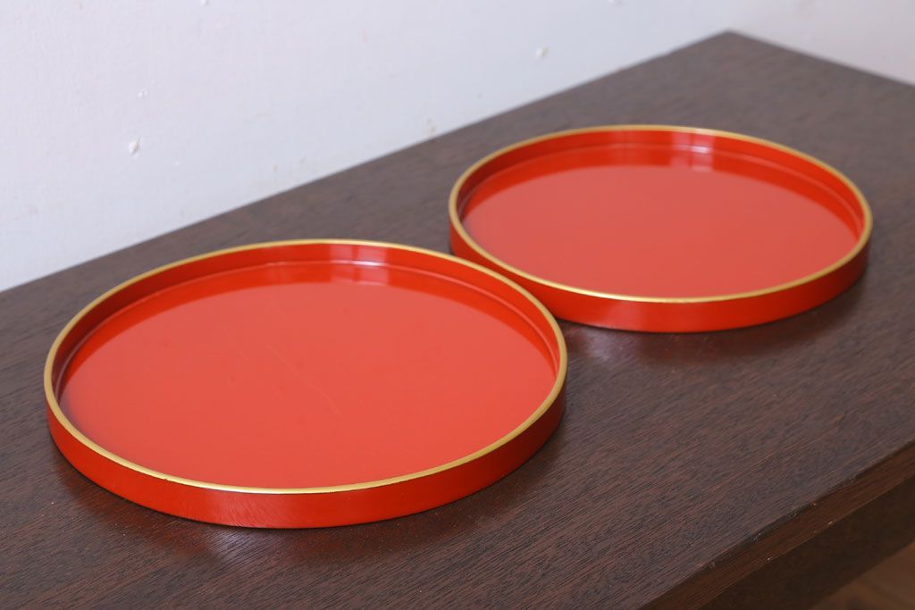 アンティーク雑貨　和製アンティーク　昭和初期　朱塗木製丸盆　2枚セット