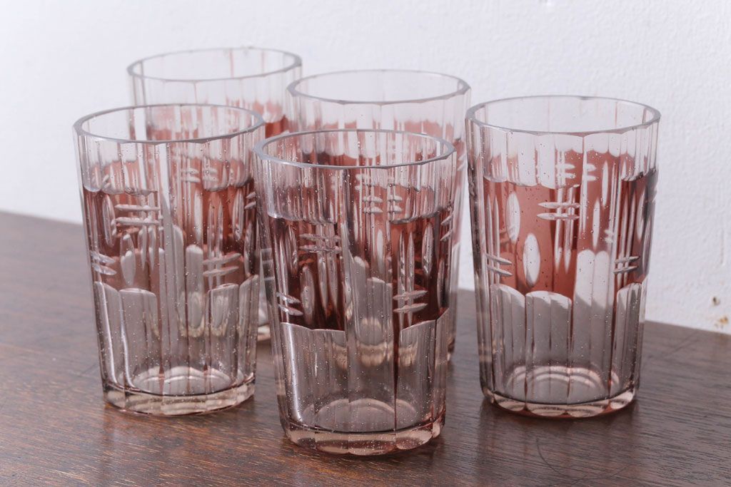 アンティーク雑貨　アンティーク　昭和初期　切子コップ　5個セット(ガラス・氷コップ)