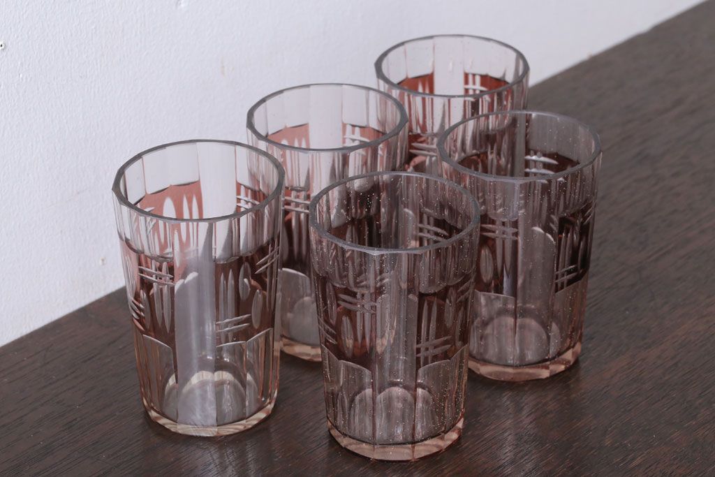 アンティーク雑貨　アンティーク　昭和初期　切子コップ　5個セット(ガラス・氷コップ)