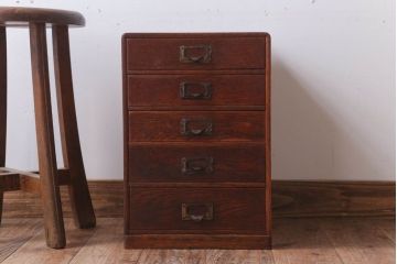 レトロ家具　昭和レトロ　ネームプレート取っ手!古いナラ材のアンティーク小引き出し