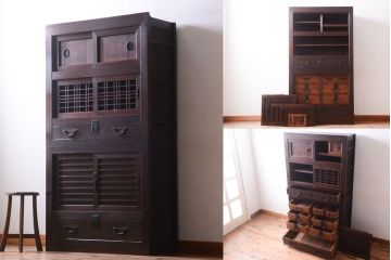 アンティーク家具　古民具・骨董　明治期　アンティーク二段重ね帳場箪笥(水屋箪笥)