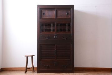 アンティーク家具　古民具・骨董　明治期　アンティーク二段重ね帳場箪笥(水屋箪笥)