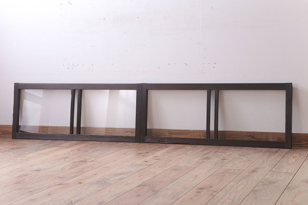 アンティーク　銀モールガラス!古い木の引き戸2枚セット(窓)