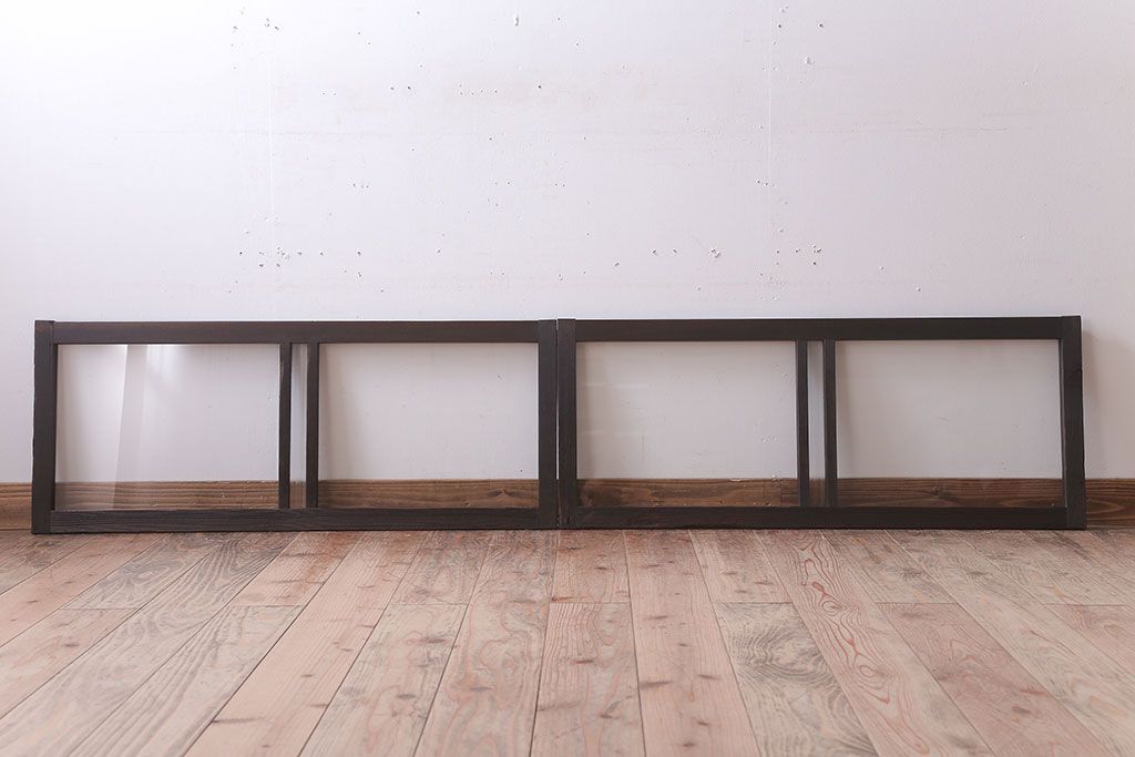 アンティーク　銀モールガラス!古い木の引き戸2枚セット(窓)