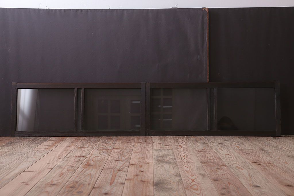 アンティーク　銀モールガラス!古い木の引き戸2枚セット(窓)