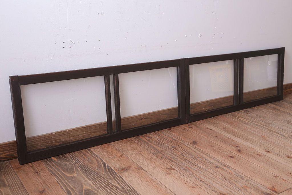 アンティーク　銀モールガラス!古い木の引き戸2枚セット(窓)