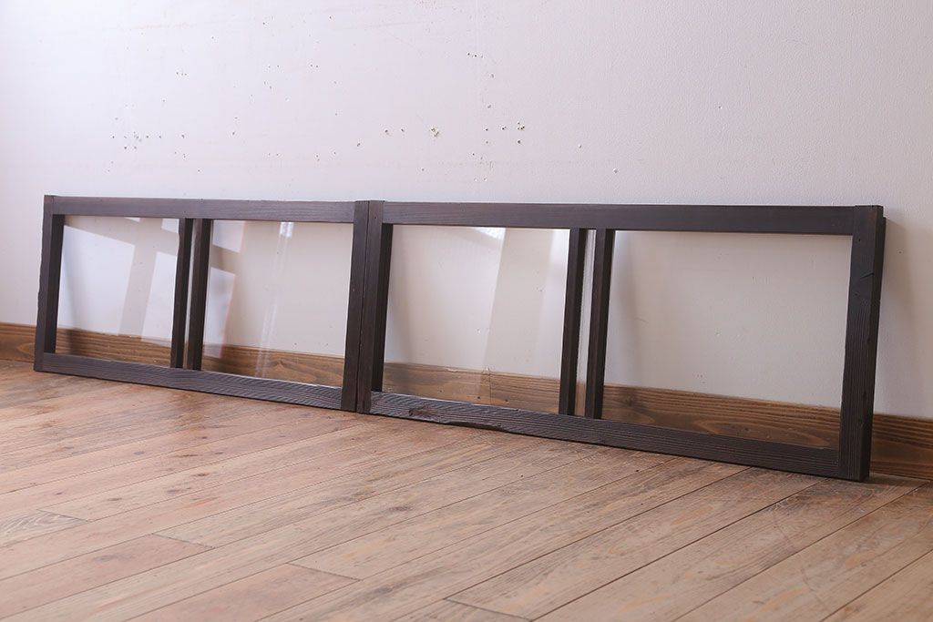 アンティーク　銀モールガラス!古い木の引き戸2枚セット(窓)