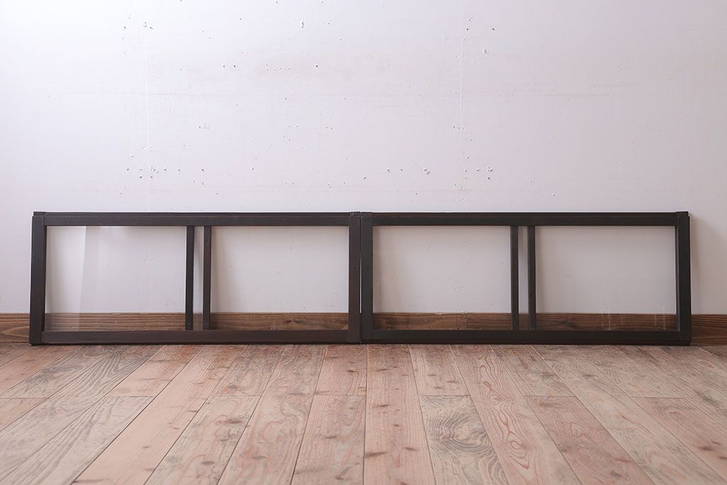 アンティーク　銀モールガラス!古い木の引き戸2枚セット(窓)