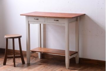 レトロ家具　アンティークペイント　古い木のレトロな平机(コンソールテーブル)