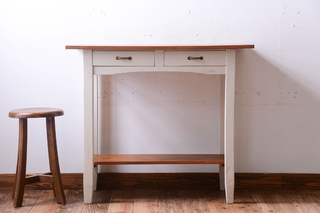 レトロ家具　アンティークペイント　古い木のレトロな平机(コンソールテーブル)