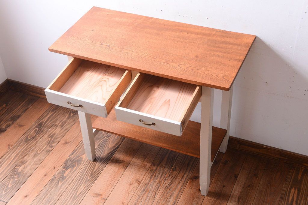 レトロ家具　アンティークペイント　古い木のレトロな平机(コンソールテーブル)