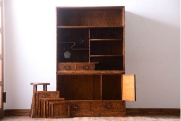 アンティーク家具　和製アンティーク　透かし彫り!前面タモ材の重ね茶箪笥