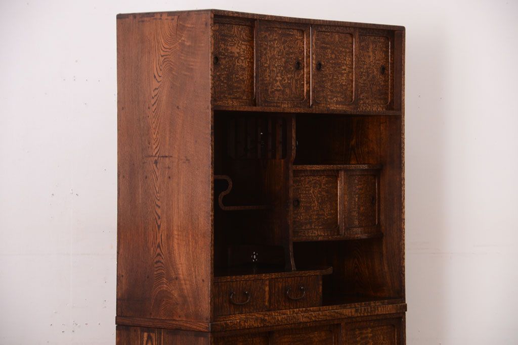 アンティーク家具　和製アンティーク　透かし彫り!前面タモ材の重ね茶箪笥