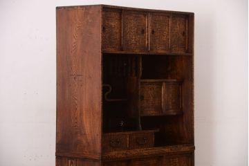 アンティーク家具　和製アンティーク　透かし彫り!前面タモ材の重ね茶箪笥