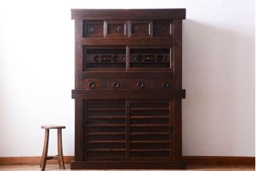 アンティーク家具　古民具・骨董　明治期　薄型!二段重ね四尺水屋箪笥