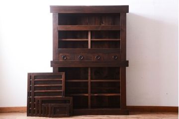 アンティーク家具　古民具・骨董　明治期　薄型!二段重ね四尺水屋箪笥