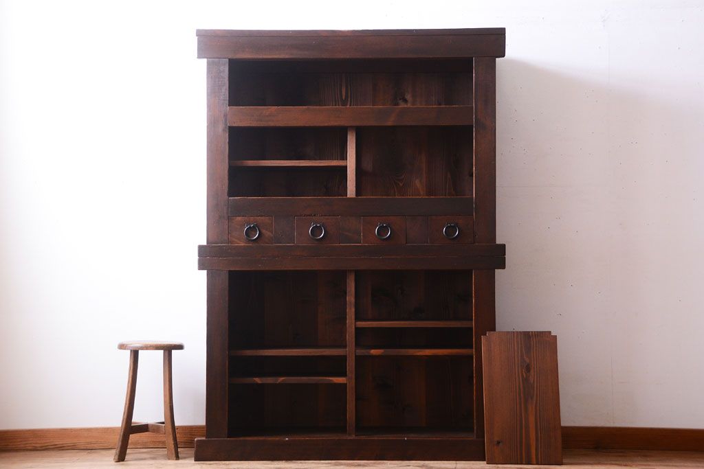 アンティーク家具　古民具・骨董　明治期　薄型!二段重ね四尺水屋箪笥