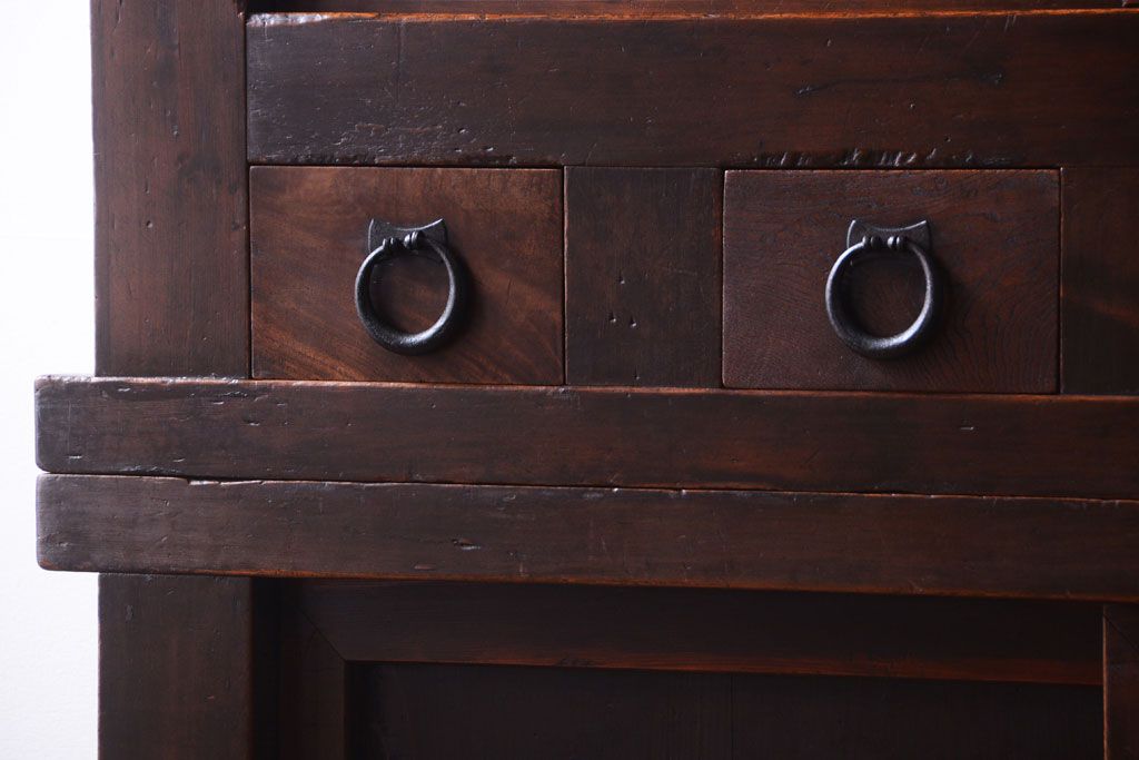 アンティーク家具　古民具・骨董　明治期　薄型!二段重ね四尺水屋箪笥