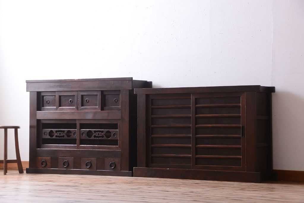 アンティーク家具　古民具・骨董　明治期　薄型!二段重ね四尺水屋箪笥