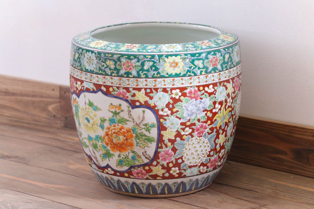 アンティーク雑貨　古民具・骨董　大正〜昭和期　十錦手火鉢(瀬戸火鉢)