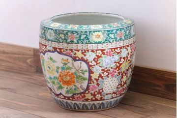 アンティーク雑貨　古民具・骨董　大正〜昭和期　十錦手火鉢(瀬戸火鉢)