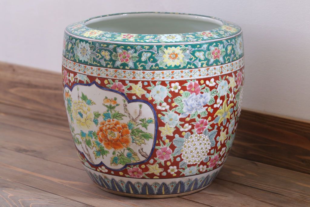 アンティーク雑貨　古民具・骨董　大正〜昭和期　十錦手火鉢(瀬戸火鉢)