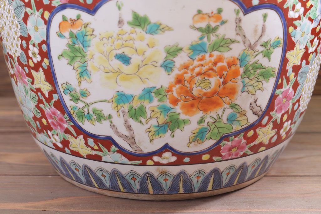 アンティーク雑貨　古民具・骨董　大正〜昭和期　十錦手火鉢(瀬戸火鉢)