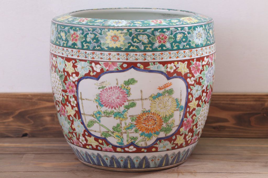 アンティーク雑貨　古民具・骨董　大正〜昭和期　十錦手火鉢(瀬戸火鉢)