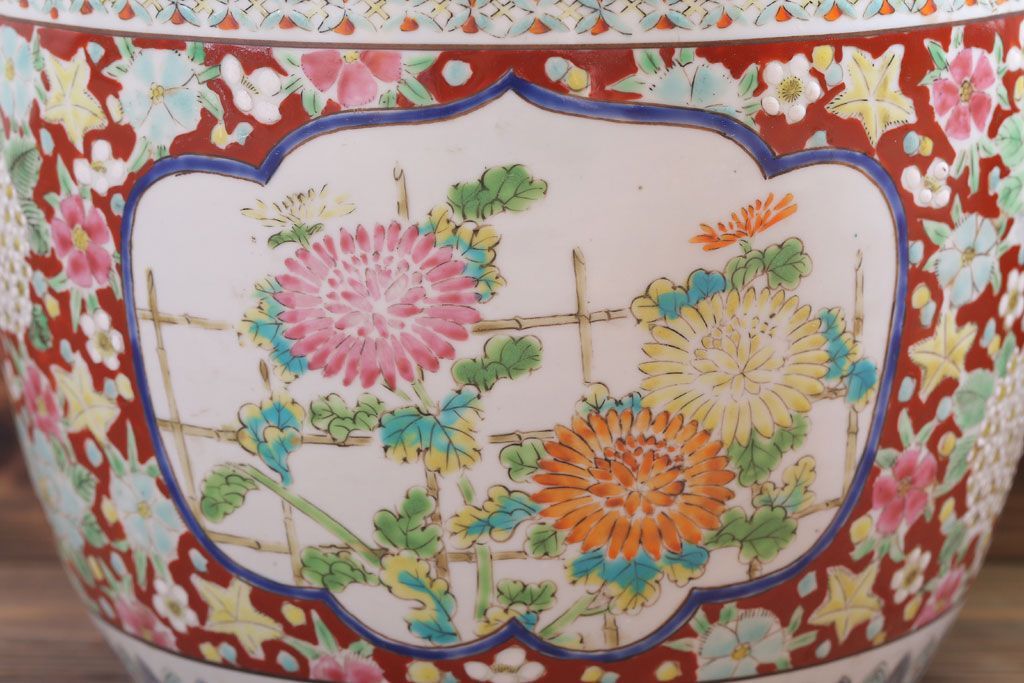 アンティーク雑貨　古民具・骨董　大正〜昭和期　十錦手火鉢(瀬戸火鉢)