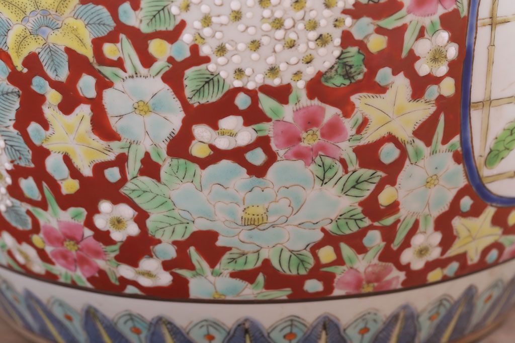 アンティーク雑貨　古民具・骨董　大正〜昭和期　十錦手火鉢(瀬戸火鉢)